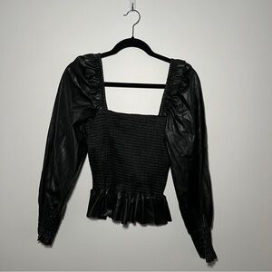 7 For All Mankind Black Leather Puff Sleeve Smocked Top with Ruffle Hem Size M